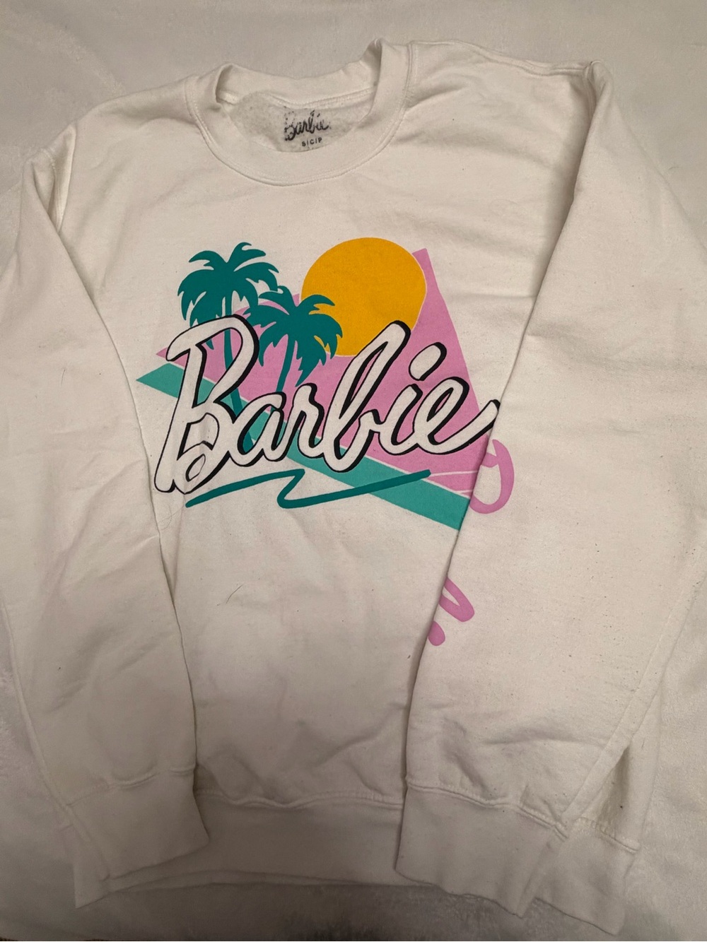 Barbie White Crewneck Sweatshirt with Teal Palm & Yellow Sun Graphic